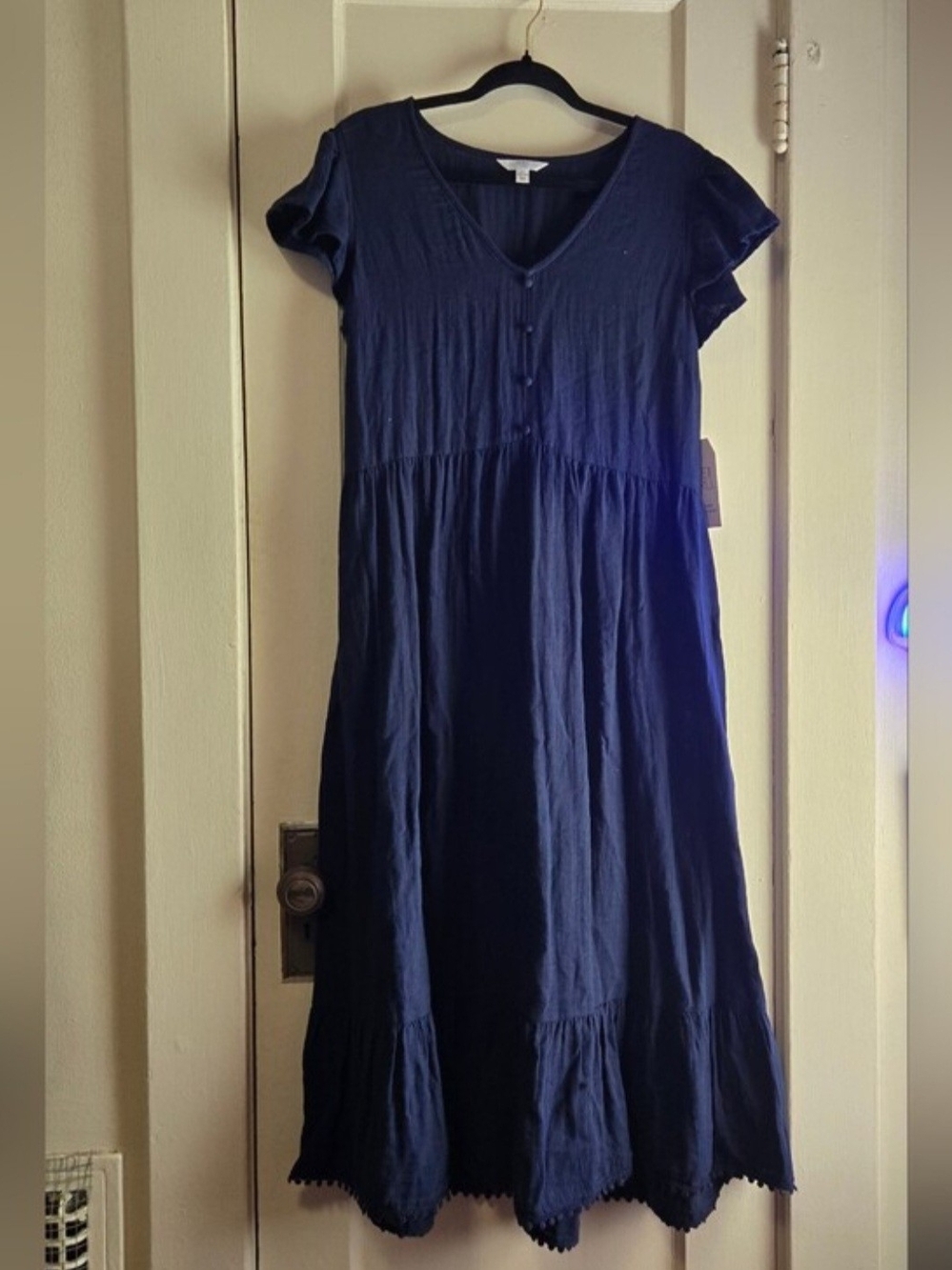 Time and Tru Navy Short-Sleeve V-Neck Midi Dress